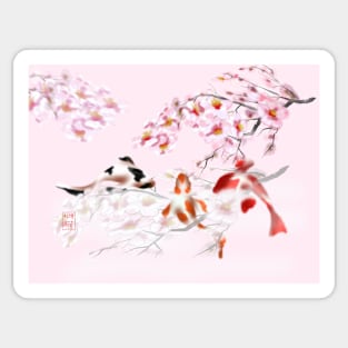 Pretty in pink koi carp with watercolour sakura sumi-e Sticker